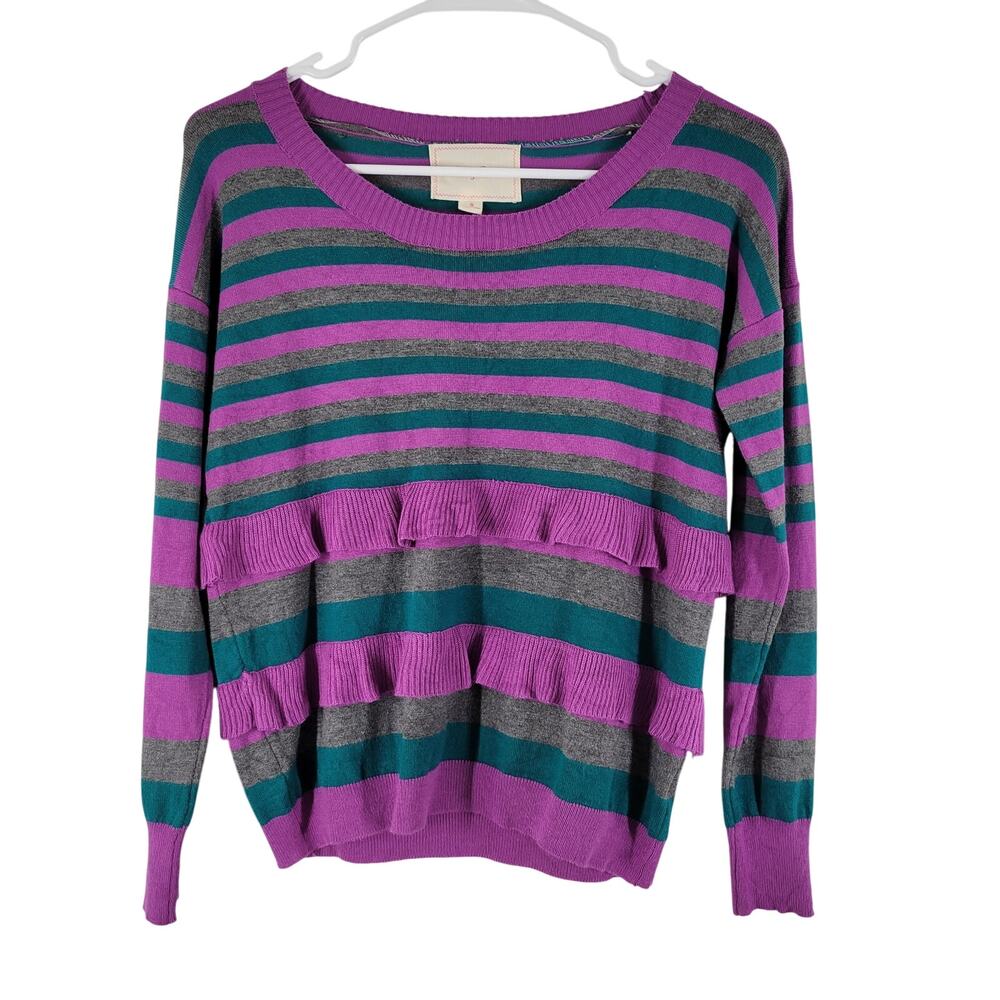 Ruby Rose Ruffle Sweater Womens Small Pink Green Stripe Feminine‎